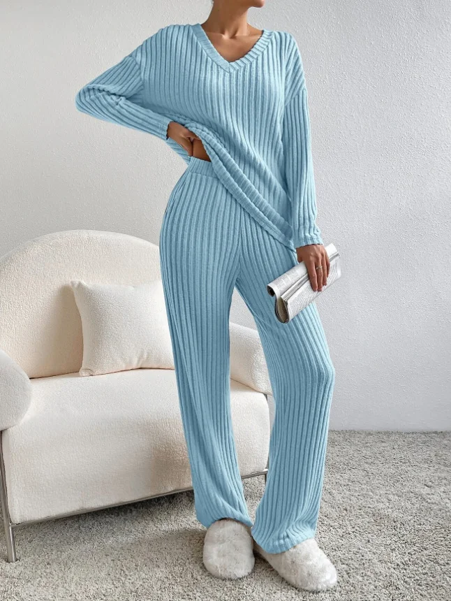 Plain V Neck Long Sleeve Top With Pants Loose Casual Two-Piece Set