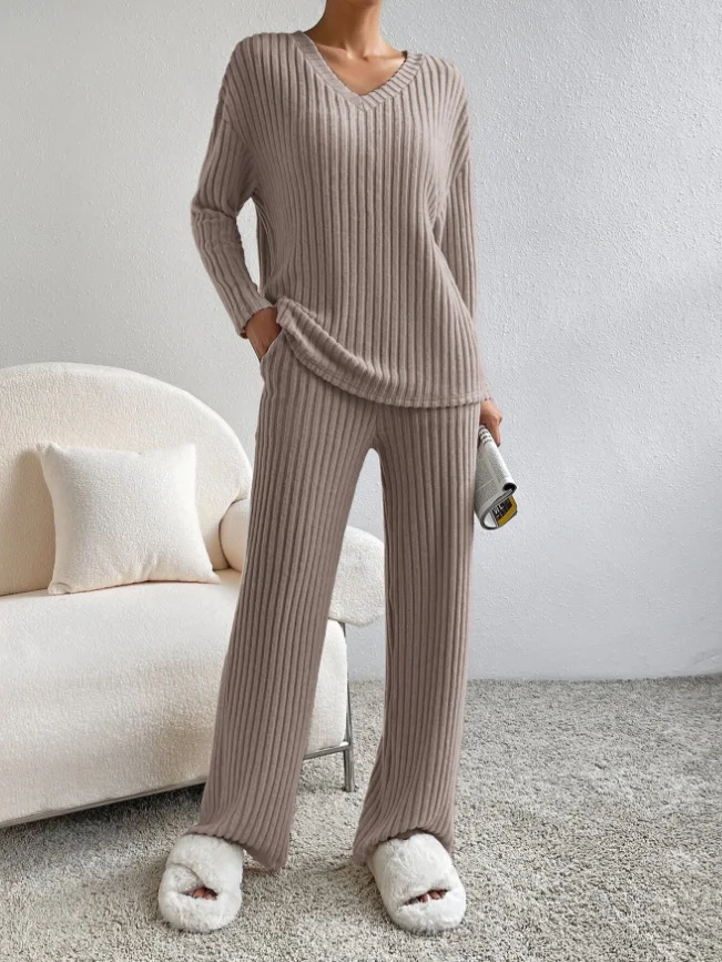 Plain V Neck Long Sleeve Top With Pants Loose Casual Two-Piece Set