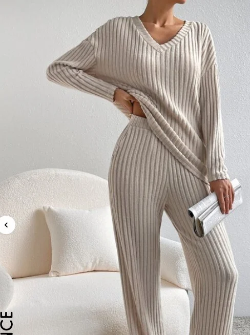 Plain V Neck Long Sleeve Top With Pants Loose Casual Two-Piece Set