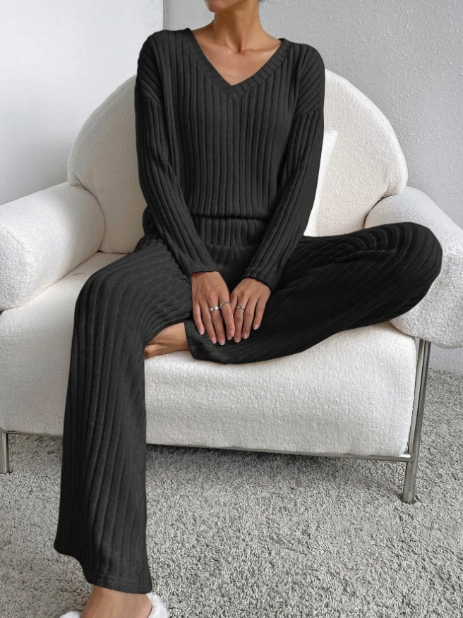 Plain V Neck Long Sleeve Top With Pants Loose Casual Two-Piece Set