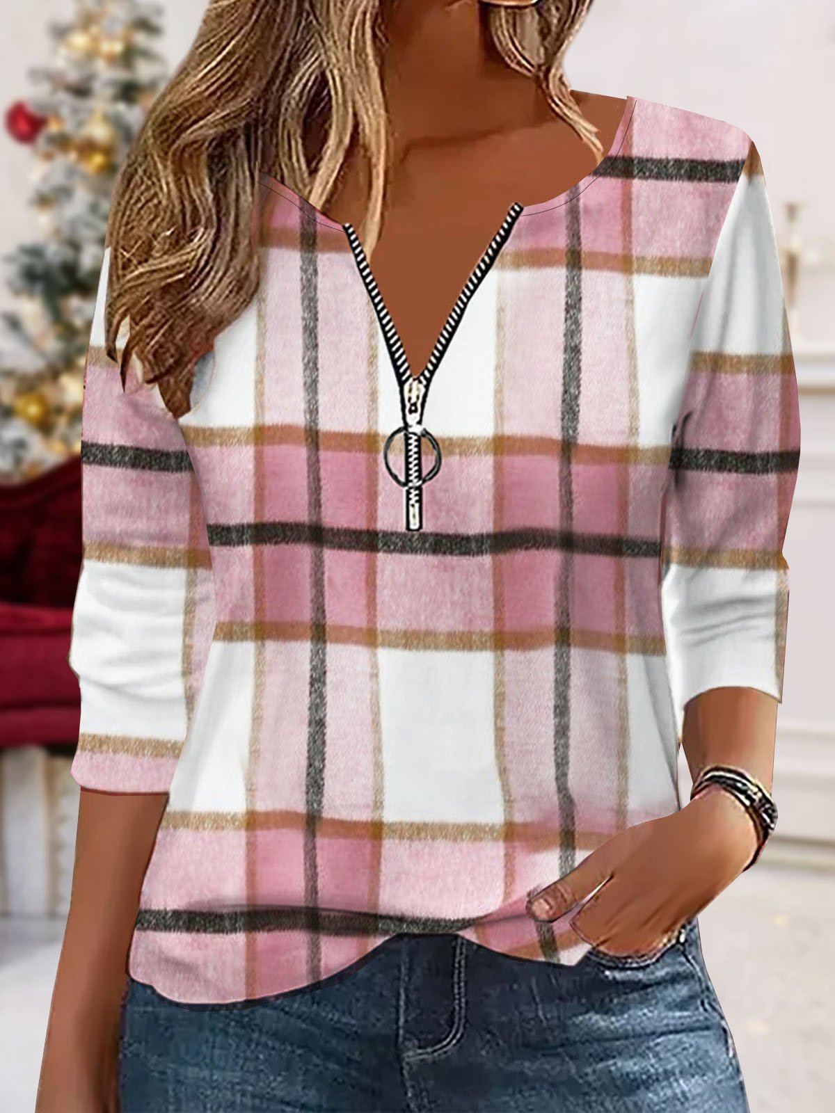 Casual Plaid Printed Jersey Notched T-Shirt