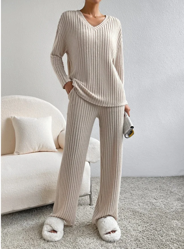 Plain V Neck Long Sleeve Top With Pants Loose Casual Two-Piece Set