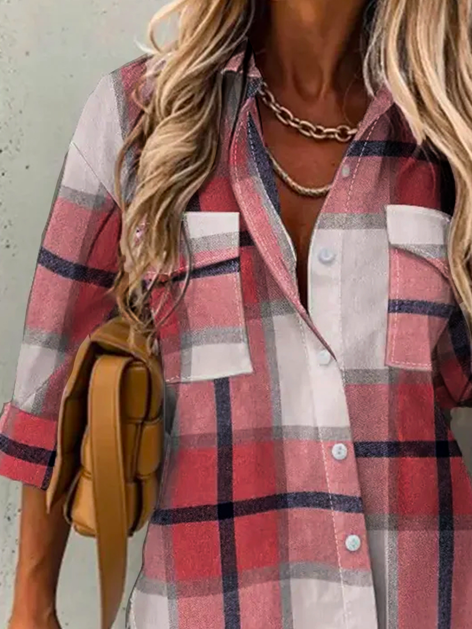 Classic Check Casual Loose Plaid Shirt Collar H-Line Long Sleeve Blouse