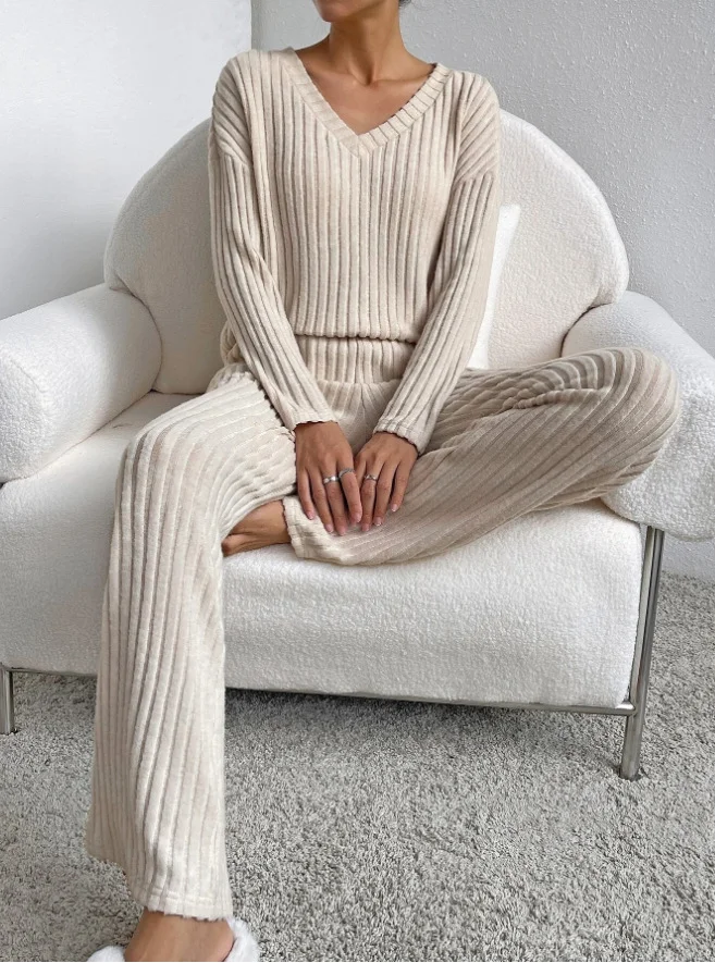 Plain V Neck Long Sleeve Top With Pants Loose Casual Two-Piece Set