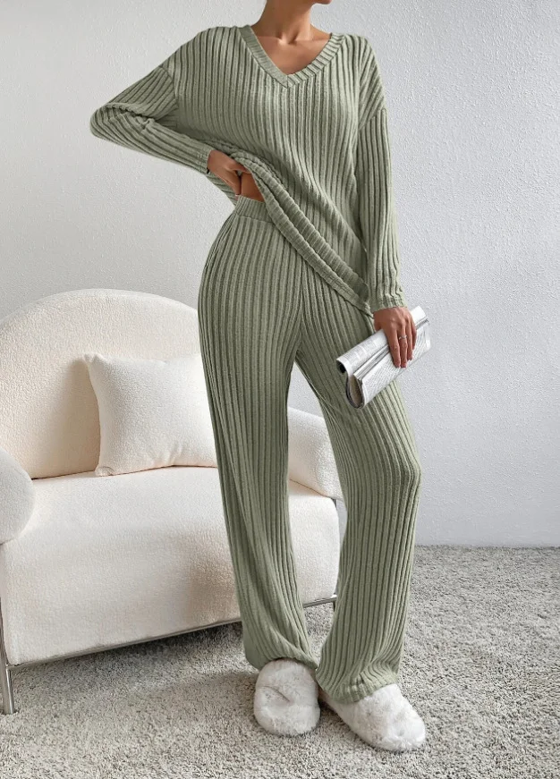 Plain V Neck Long Sleeve Top With Pants Loose Casual Two-Piece Set