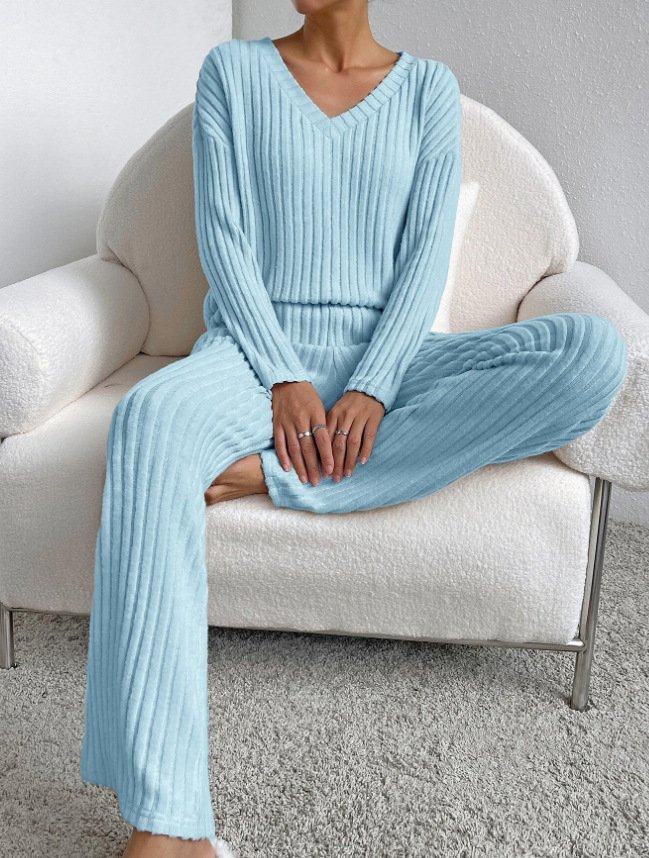 Plain V Neck Long Sleeve Top With Pants Loose Casual Two-Piece Set