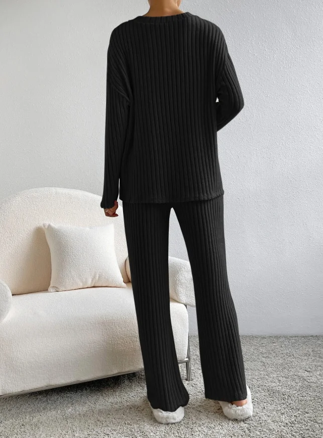 Plain V Neck Long Sleeve Top With Pants Loose Casual Two-Piece Set