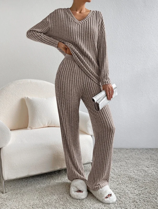 Plain V Neck Long Sleeve Top With Pants Loose Casual Two-Piece Set