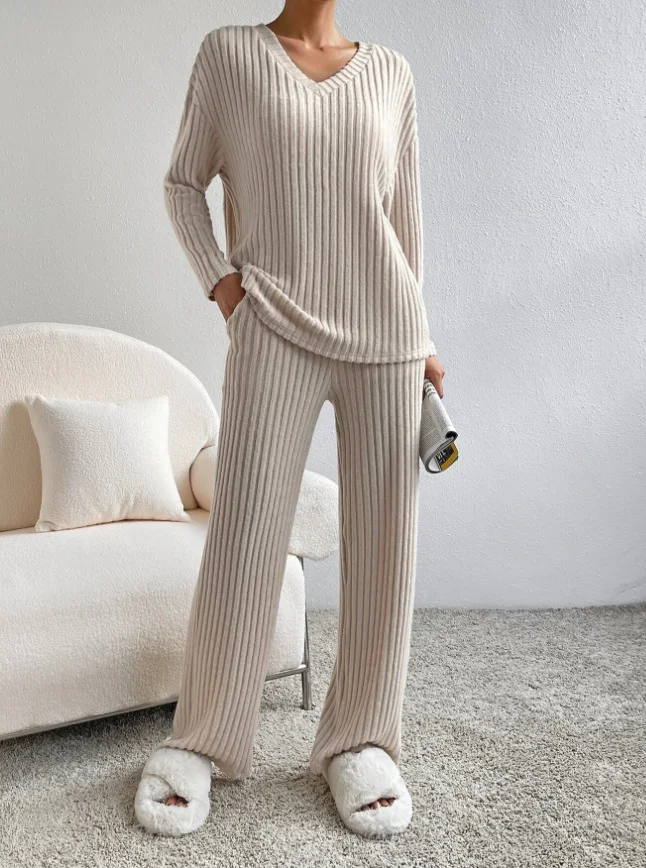 Plain V Neck Long Sleeve Top With Pants Loose Casual Two-Piece Set
