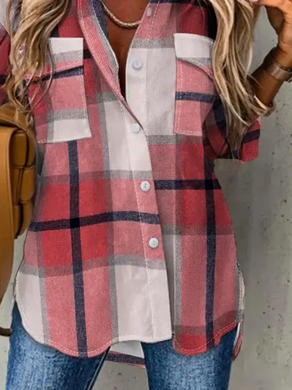 Classic Check Casual Loose Plaid Shirt Collar H-Line Long Sleeve Blouse