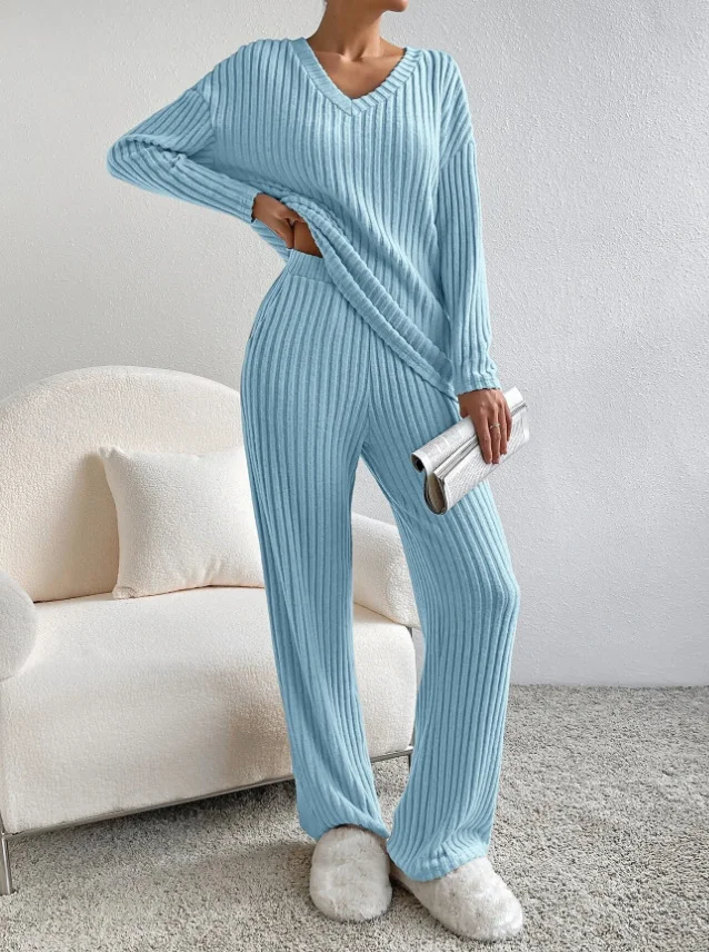 Plain V Neck Long Sleeve Top With Pants Loose Casual Two-Piece Set