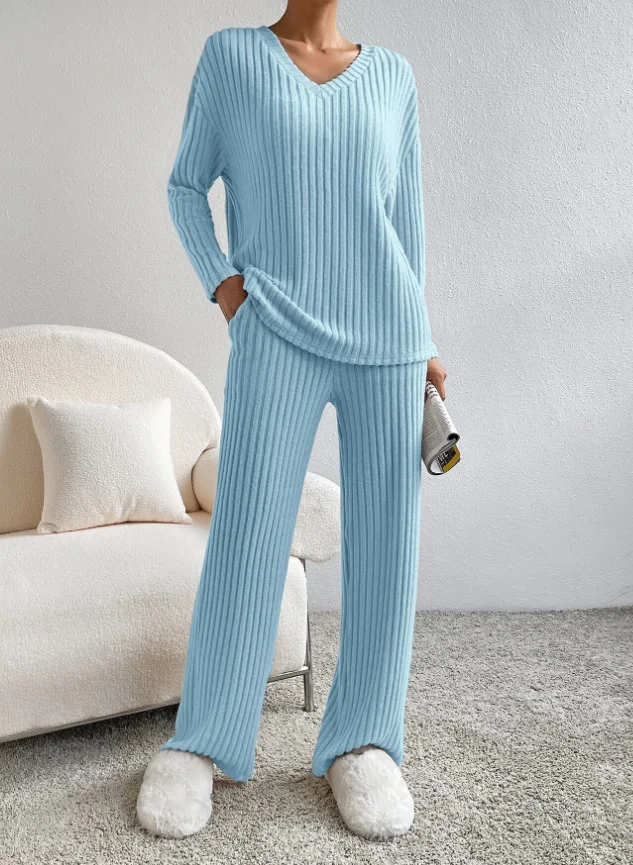 Plain V Neck Long Sleeve Top With Pants Loose Casual Two-Piece Set
