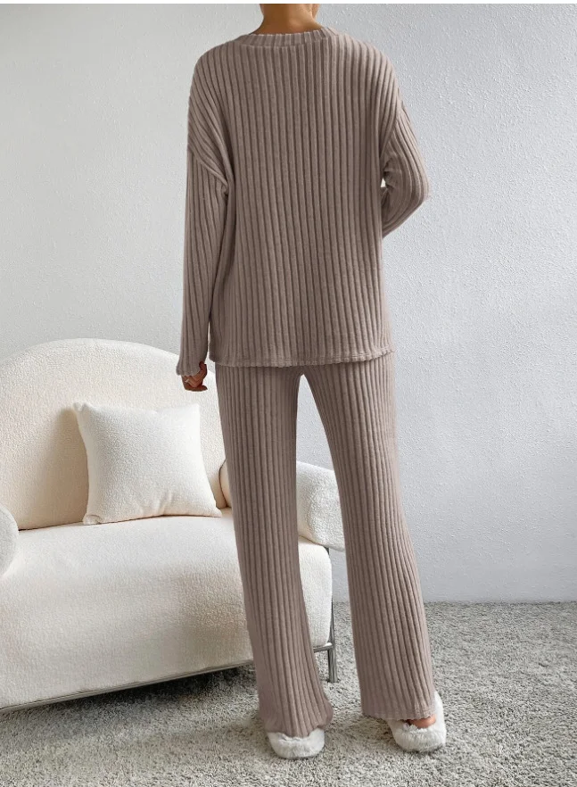 Plain V Neck Long Sleeve Top With Pants Loose Casual Two-Piece Set