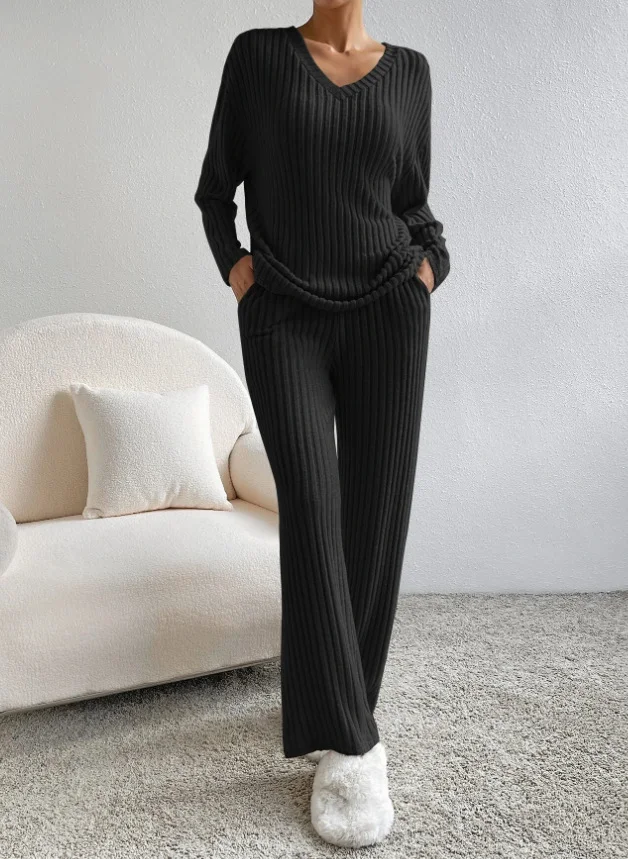 Plain V Neck Long Sleeve Top With Pants Loose Casual Two-Piece Set