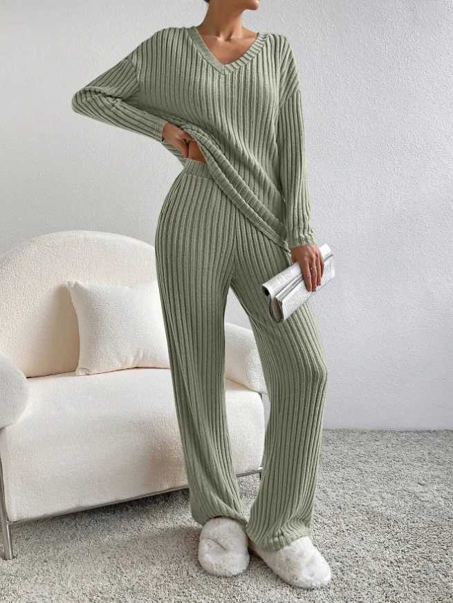 Plain V Neck Long Sleeve Top With Pants Loose Casual Two-Piece Set