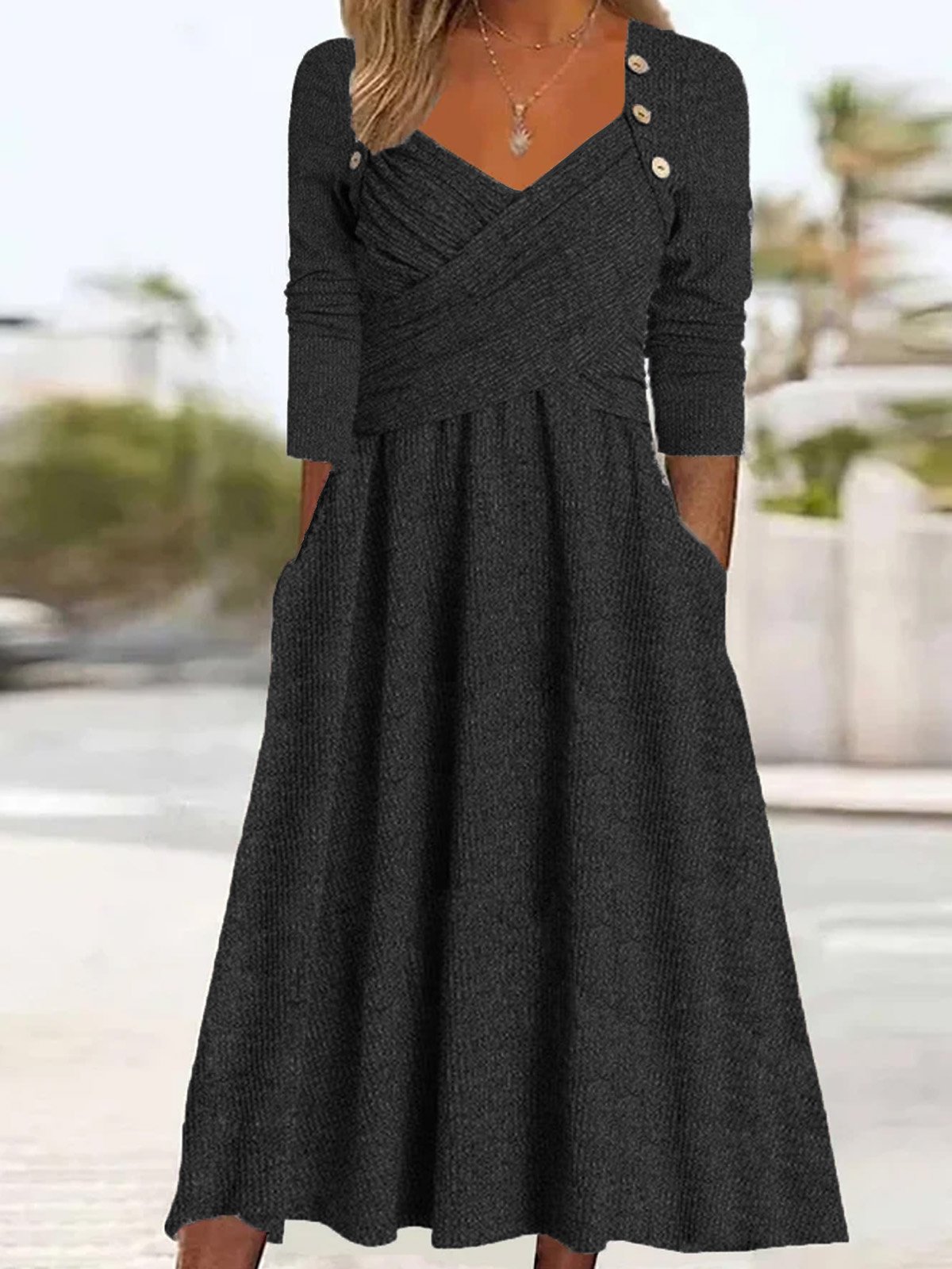 Plain Casual Buckle Sweetheart Neckline Fit & Flare A-Line Maxi Dress With Pocket