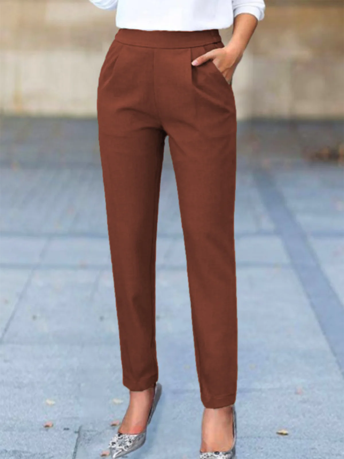 Plain Basic Casual H-Line Elastic Waistband Harem Pants With Pockets