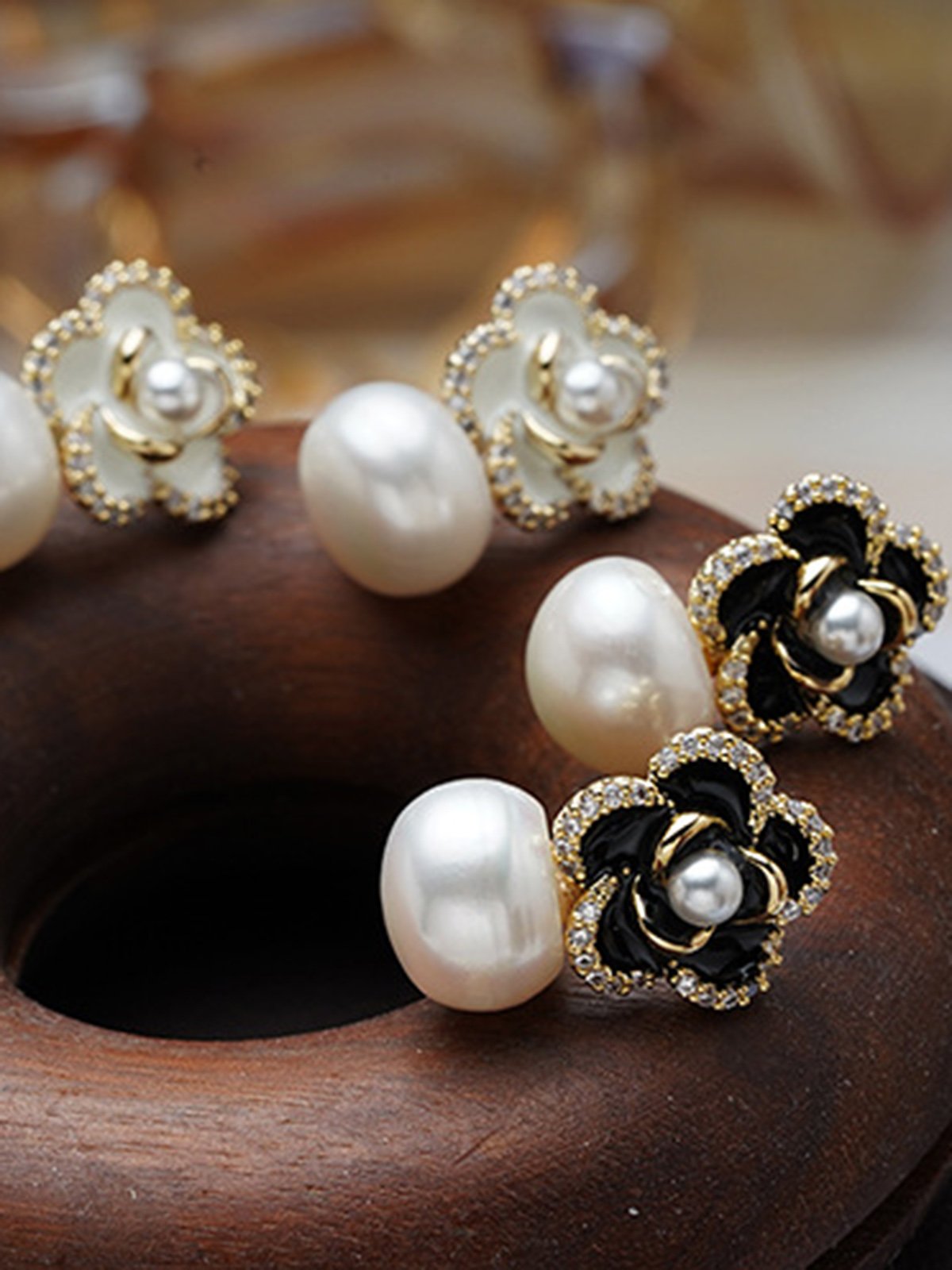 Elegant Camellia Natural Pearl Rhinestone Stud Earrings