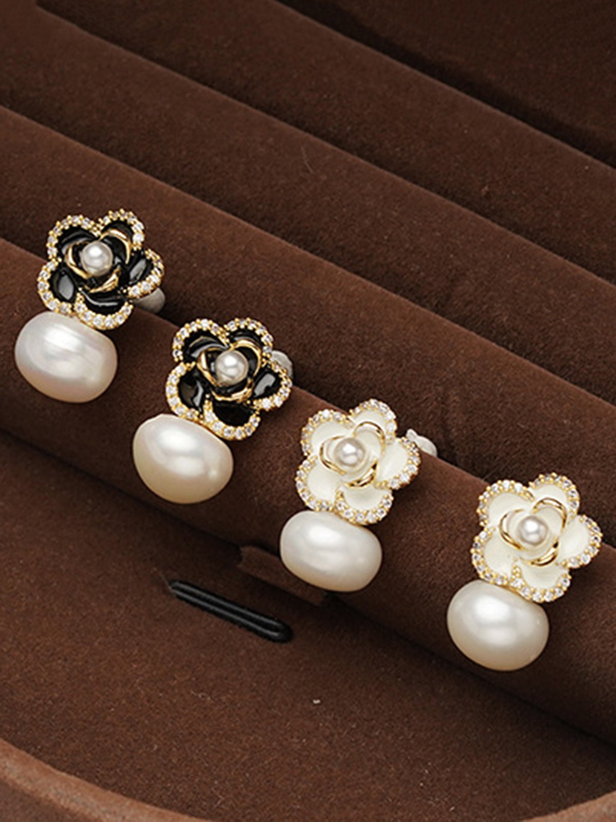 Elegant Camellia Natural Pearl Rhinestone Stud Earrings