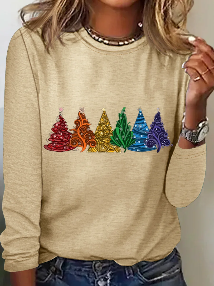 Women's Christmas Tree Daily Cotton-Blend Crew Neck Casual H-Line Long Sleeve Shirt