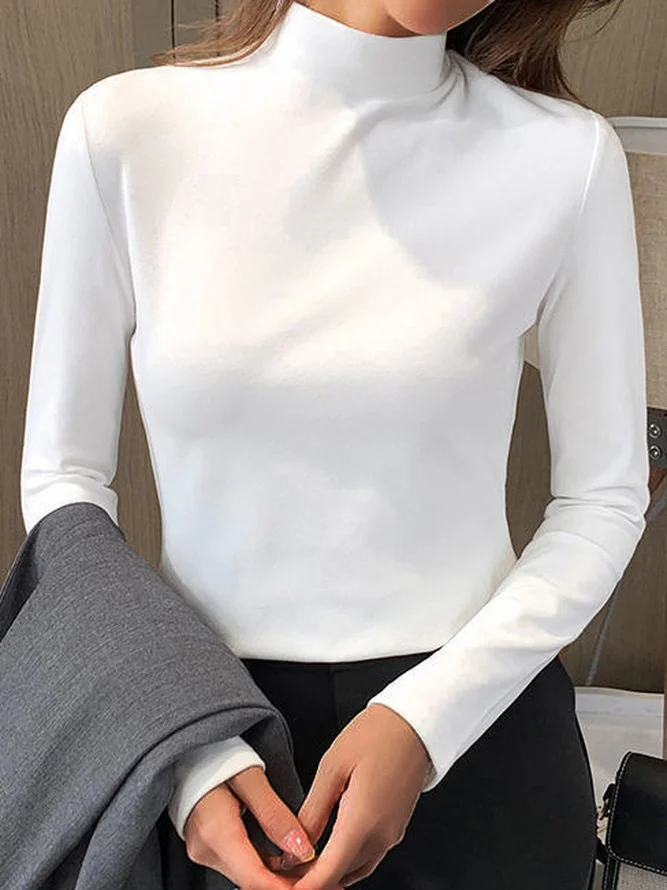 Knitted Warmth Half Turtleneck Casual Plain H-Line Long Sleeve T-Shirt