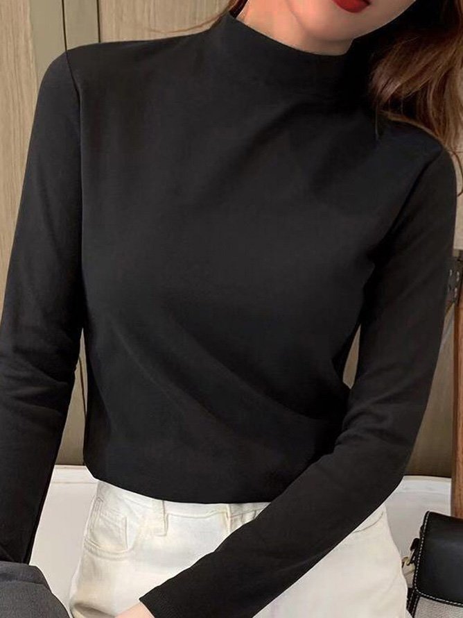 Knitted Warmth Half Turtleneck Casual Plain H-Line Long Sleeve T-Shirt