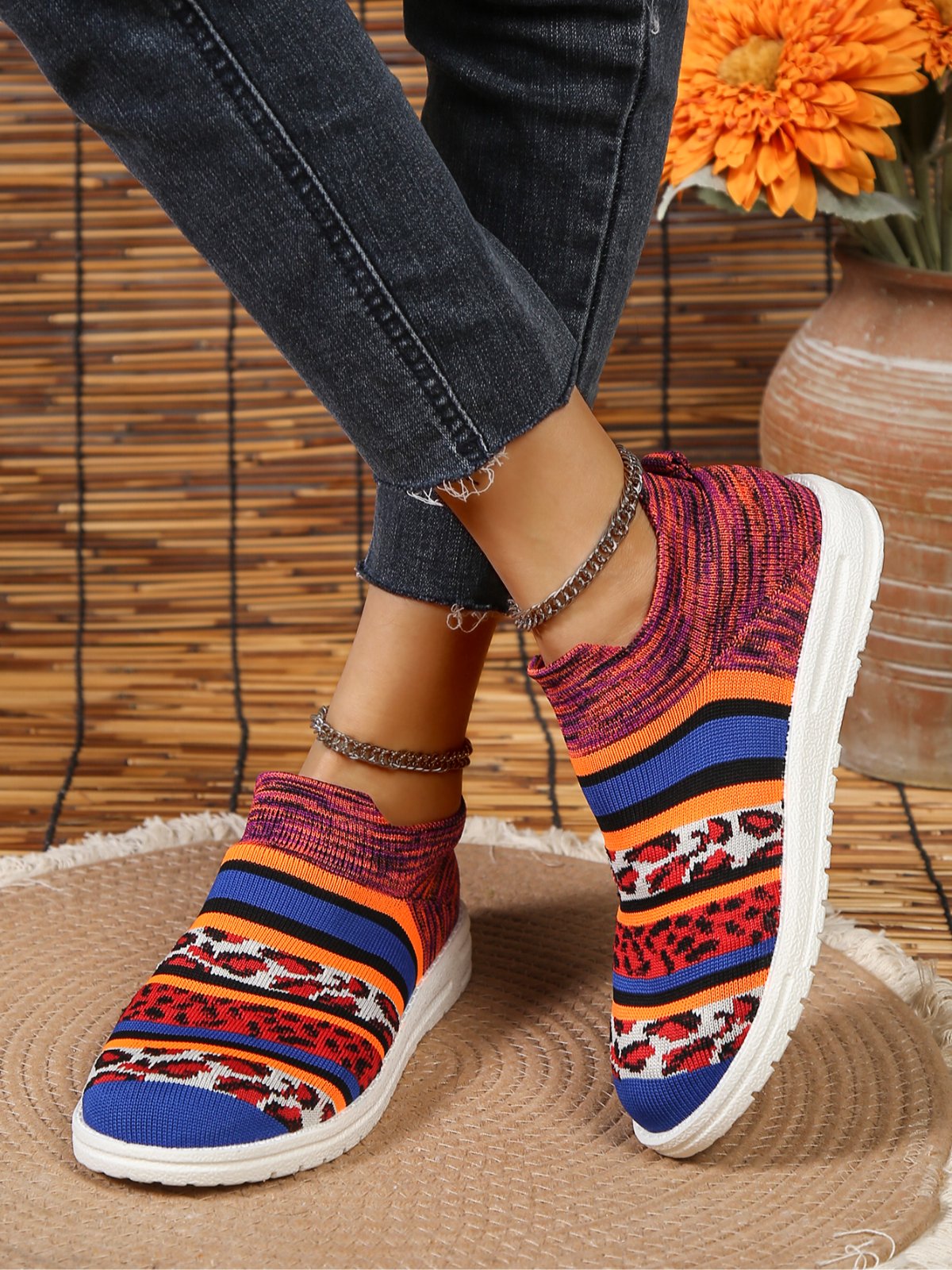 Breathable Leopard Color Block Slip On Flyknit Sneakers