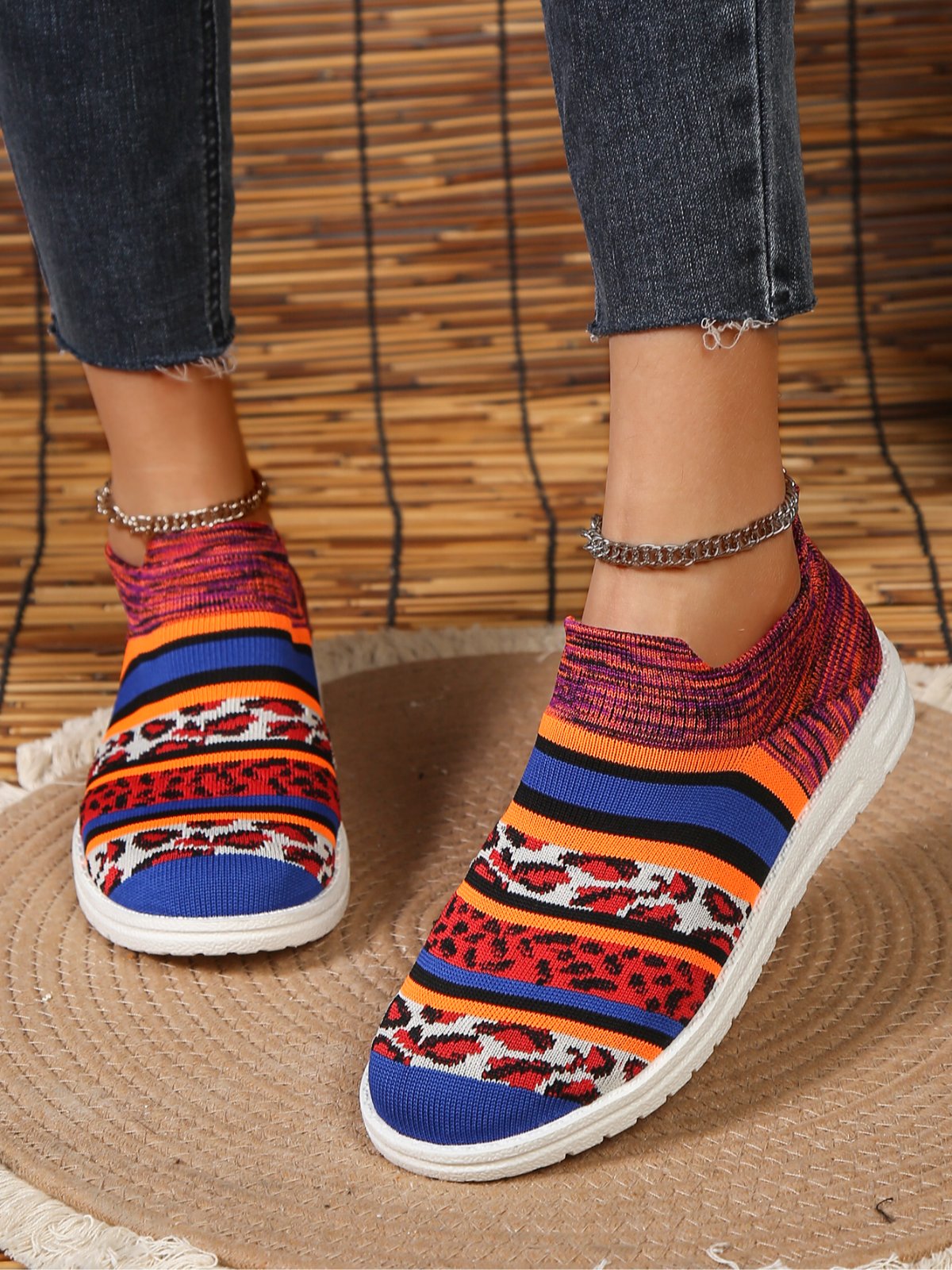 Breathable Leopard Color Block Slip On Flyknit Sneakers