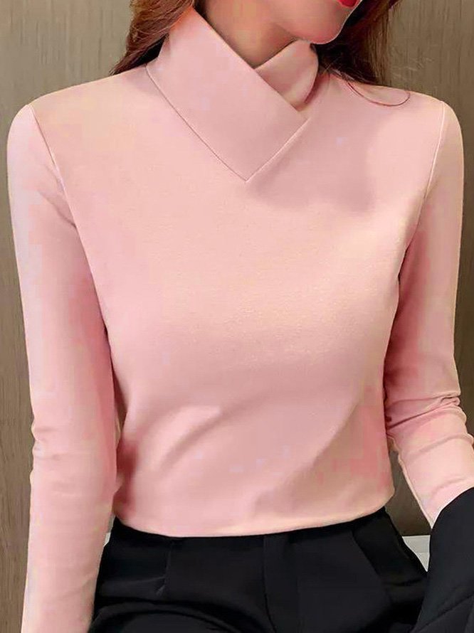 Asymmetrical V Neck Design Warmth Plain Casual Daily Regular Fit Knitted Long Sleeve H-Line T-Shirt