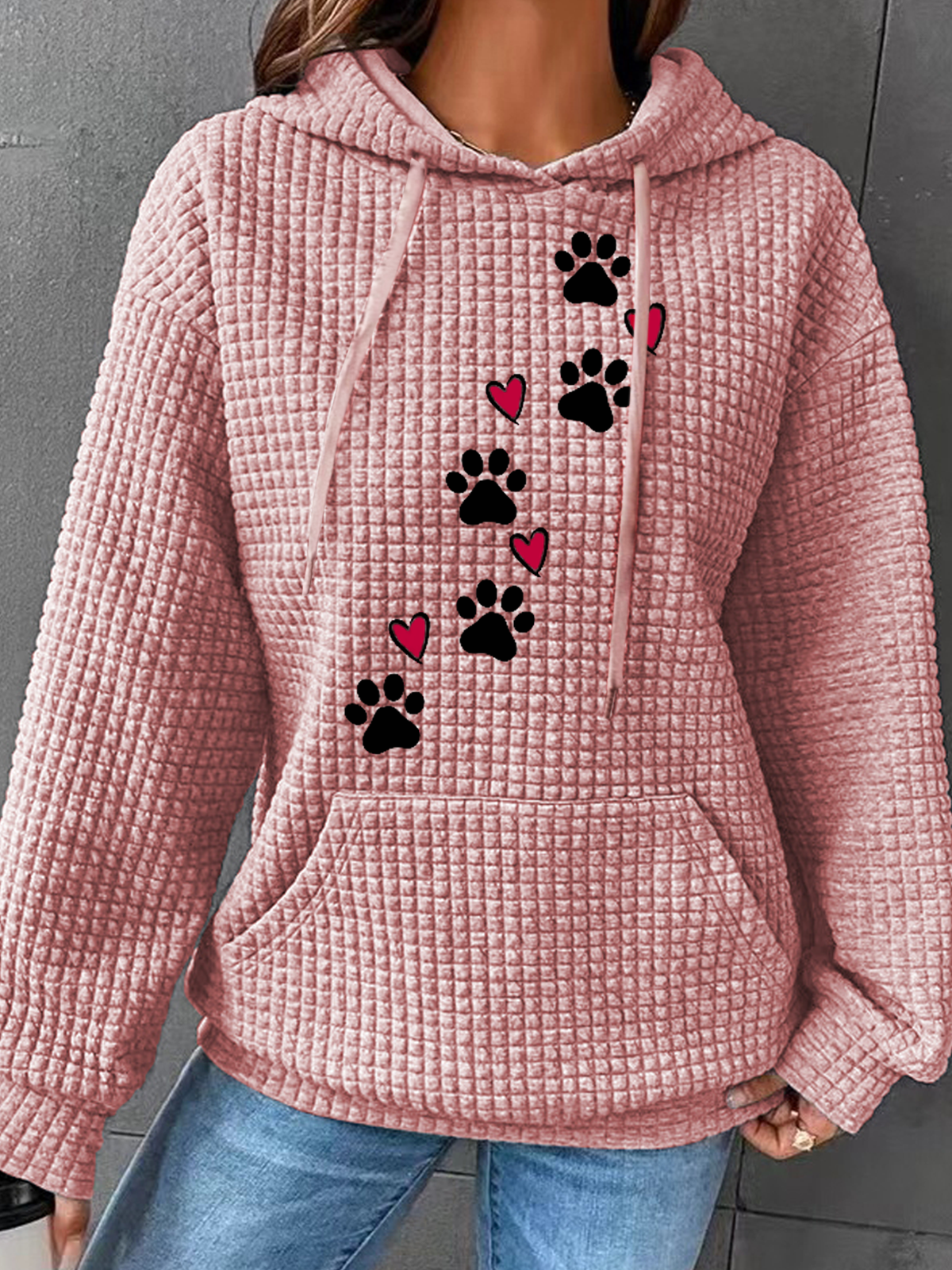 Simple Daily Heart Dog Paw Print H-Line Heavyweight Loose Cotton-Blend Long Sleeve Hoodie