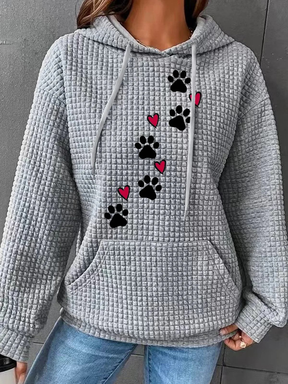 Simple Daily Heart Dog Paw Print H-Line Heavyweight Loose Cotton-Blend Long Sleeve Hoodie