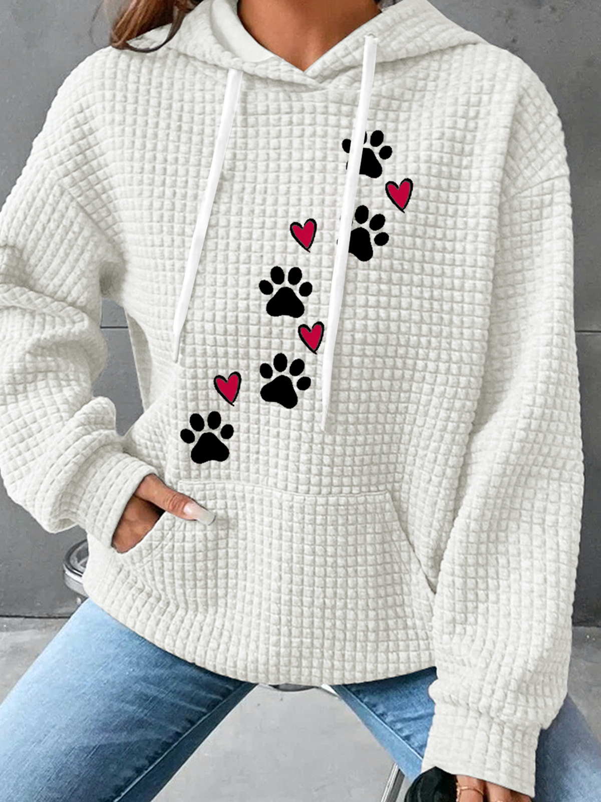 Simple Daily Heart Dog Paw Print H-Line Heavyweight Loose Cotton-Blend Long Sleeve Hoodie