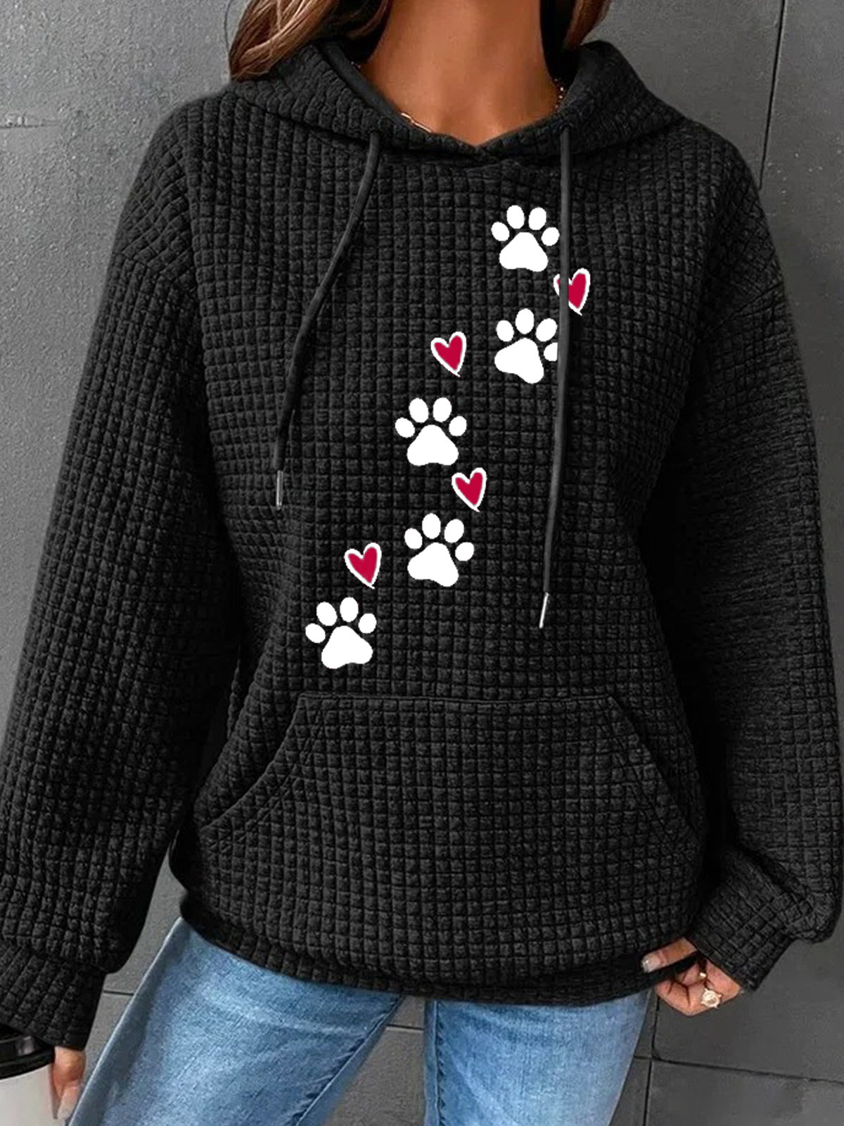 Simple Daily Heart Dog Paw Print H-Line Heavyweight Loose Cotton-Blend Long Sleeve Hoodie