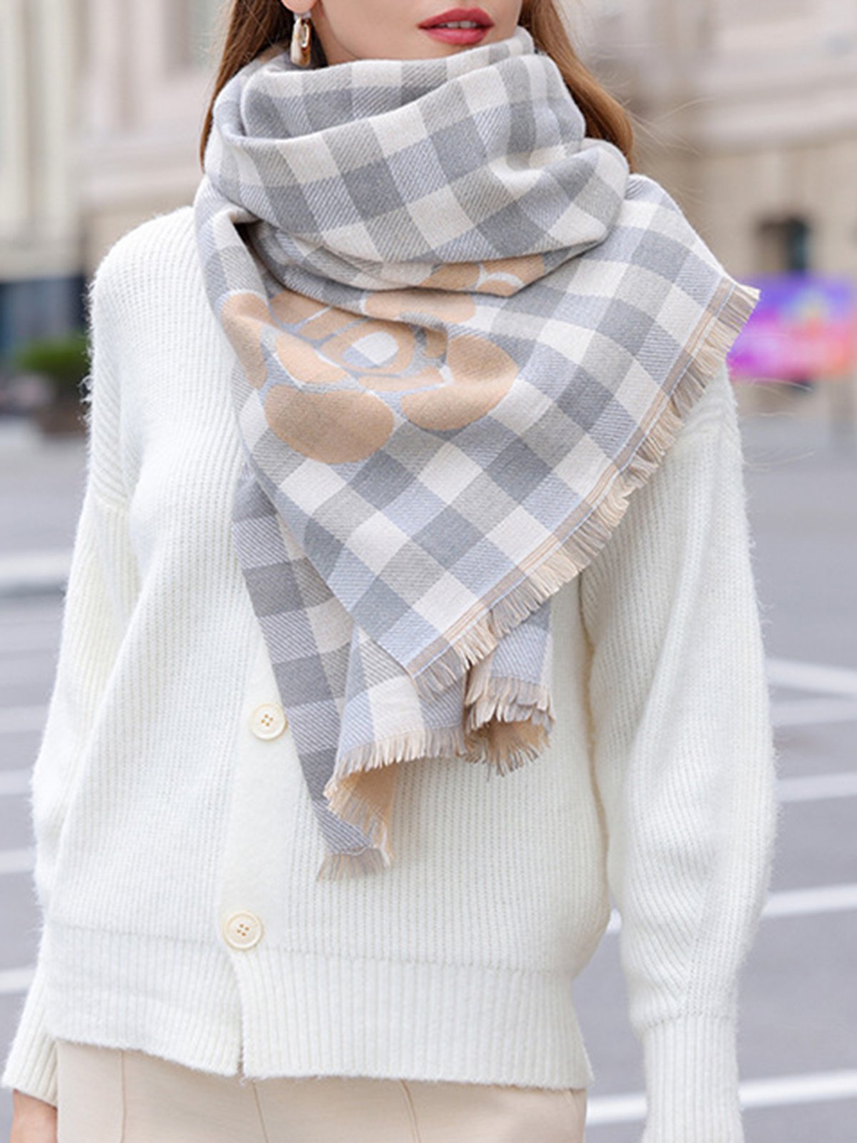 Elegant Floral Plaid Fringe Imitation Cashmere Scarf