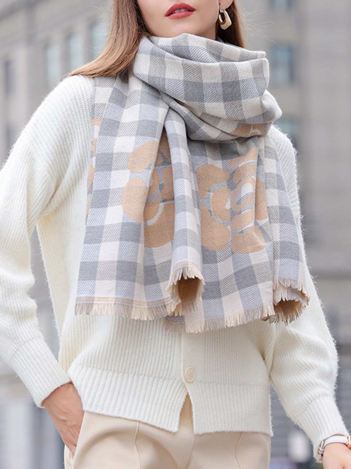 Elegant Floral Plaid Fringe Imitation Cashmere Scarf