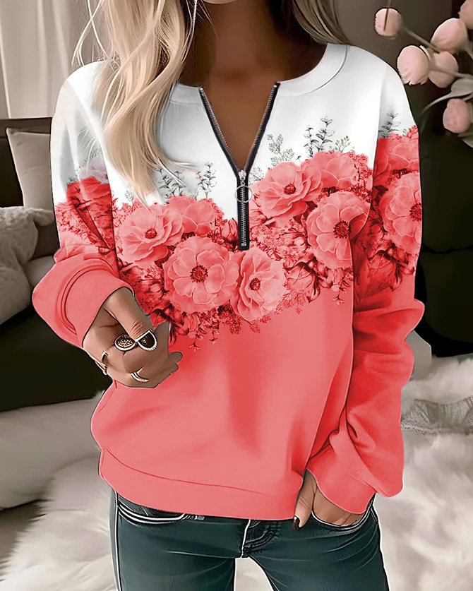 Floral Half Zip Casual Long Sleeve Hoodie Crew Neck Loose Sweatshirt