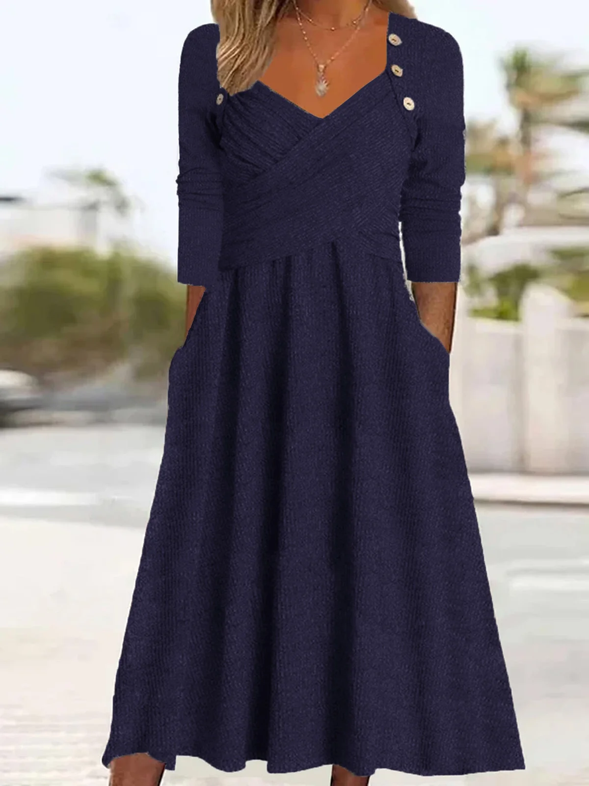 Plain Casual Buckle Sweetheart Neckline Fit & Flare A-Line Maxi Dress With Pocket