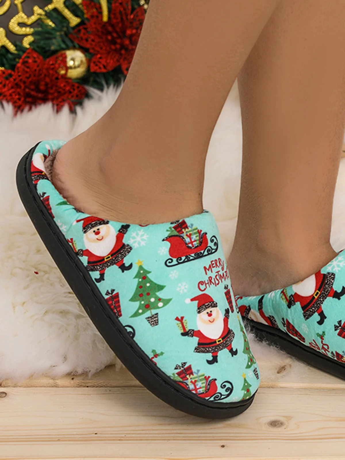 Christmas Cartoon Printed Santa Claus Warmth Fluffy Slippers