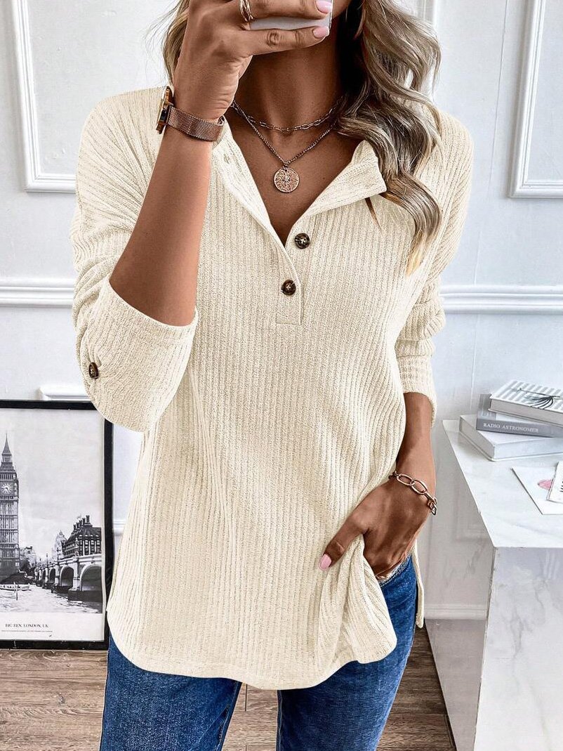 Daily Plain Knitted Buckle Crew Neck Casual Loose H-Line Long Sleeve T-Shirt