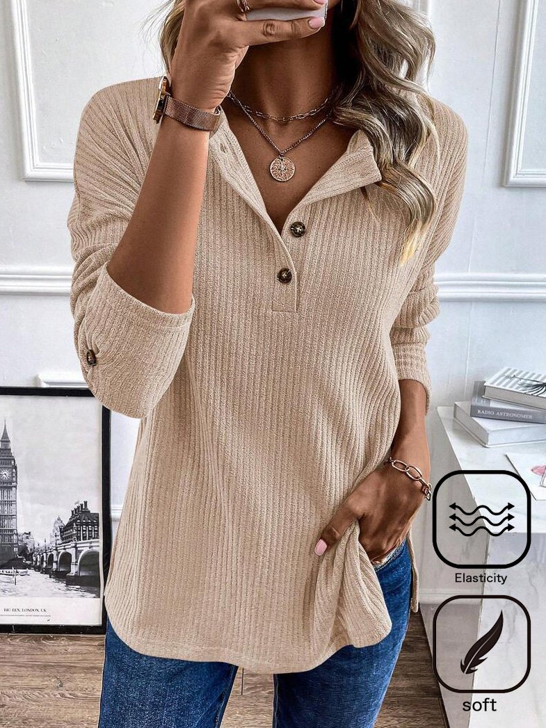 Daily Plain Knitted Buckle Crew Neck Casual Loose H-Line Long Sleeve T-Shirt