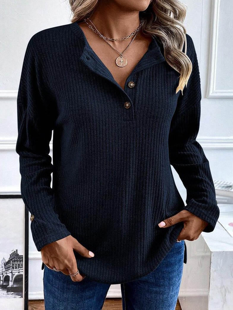 Daily Plain Knitted Buckle Crew Neck Casual Loose H-Line Long Sleeve T-Shirt