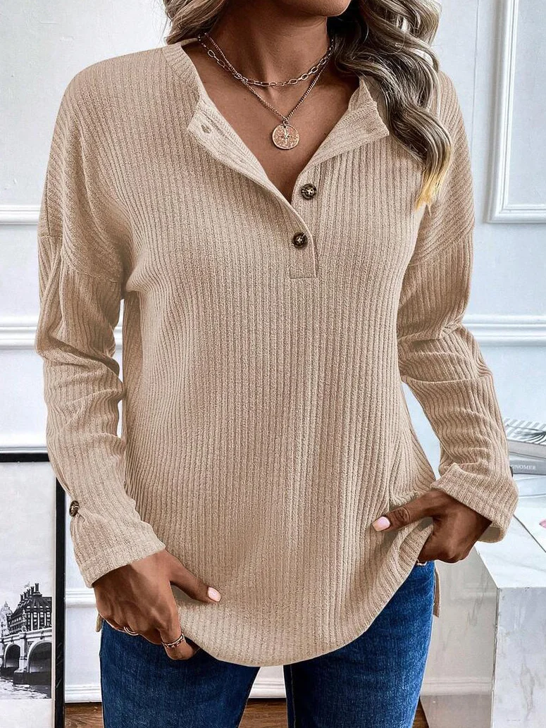 Daily Plain Knitted Buckle Crew Neck Casual Loose H-Line Long Sleeve T-Shirt