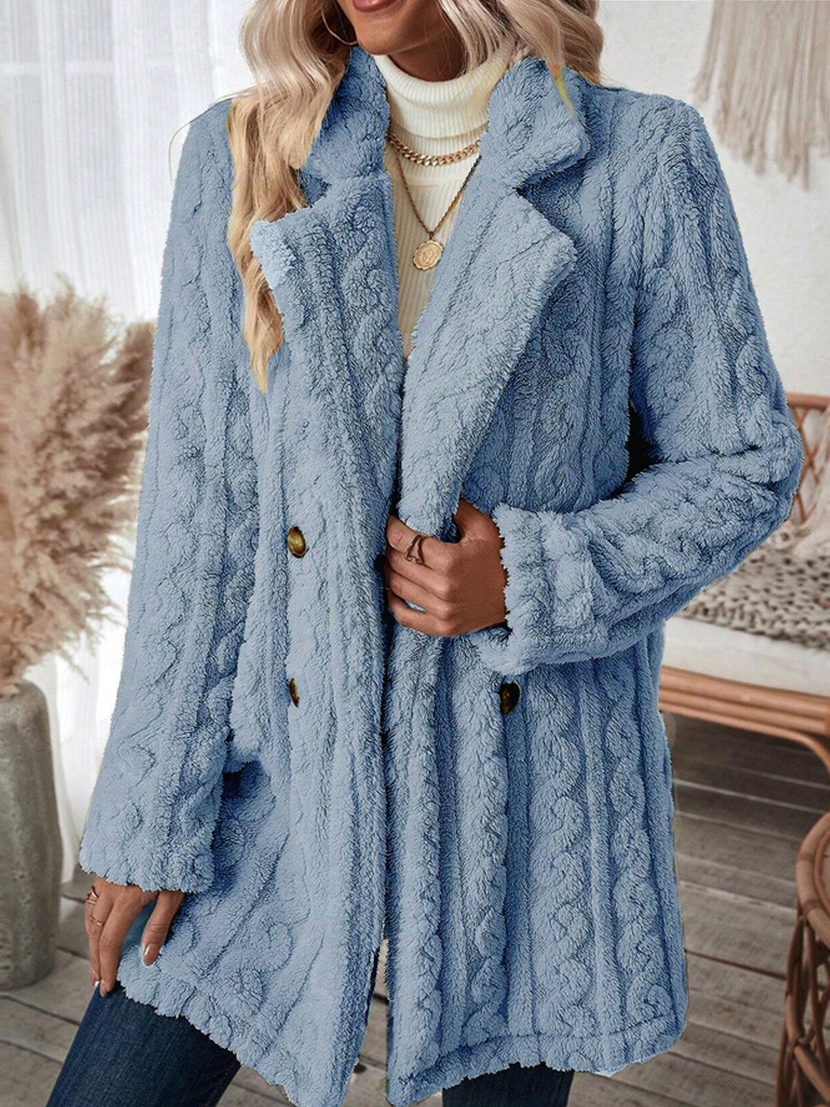 Winter Thicken Fluff/Granular Fleece Fabric Plain Casual Lapel Collar Long Sleeve Mid-long Teddy Jacket