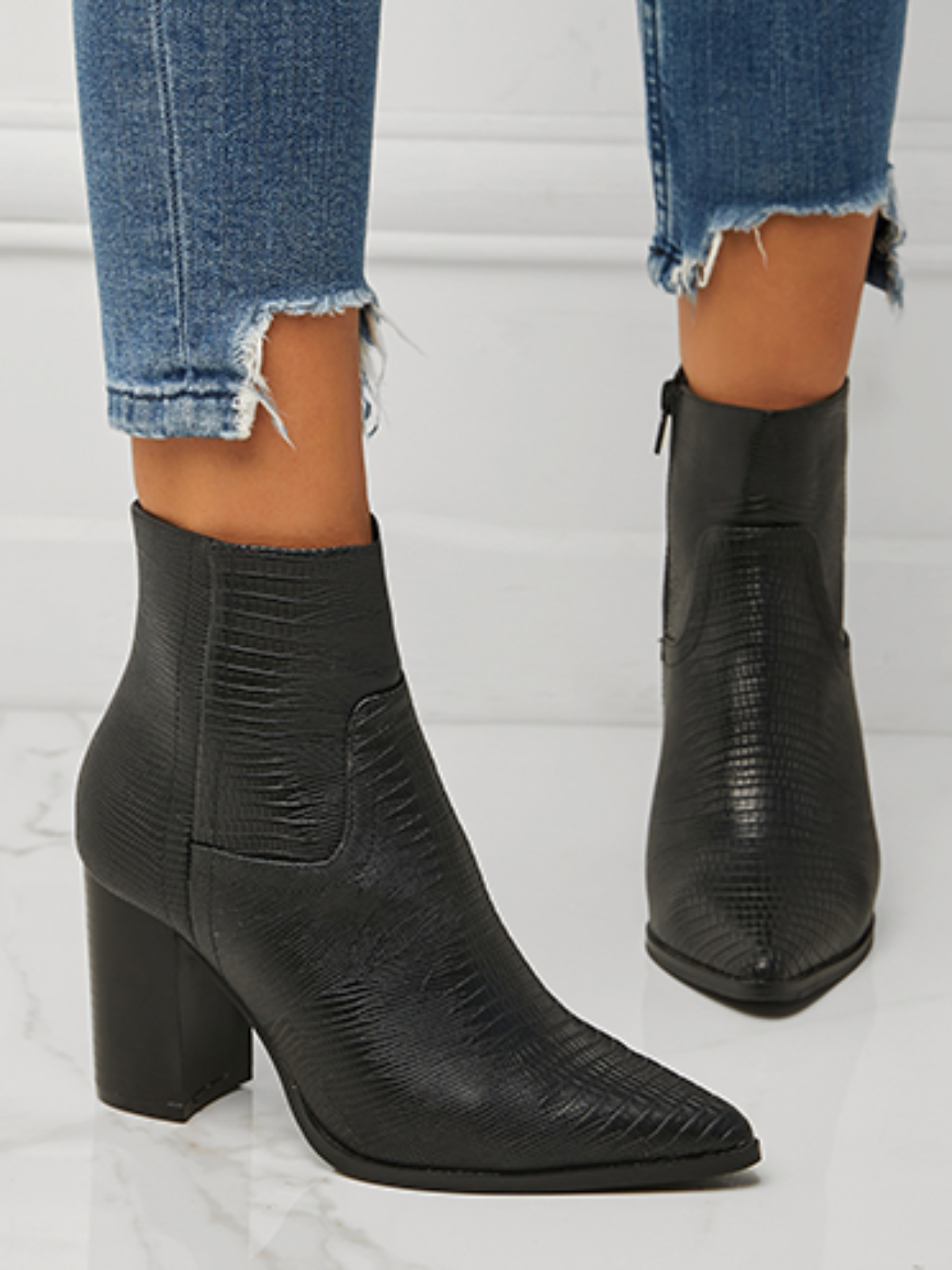 Women Minimalist Embossed Chunky Heel Boots