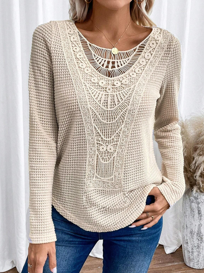 Plus Size Lace Crochet Design Loose Daily Casual Plain Crew Neck H-Line Long Sleeve T-Shirt