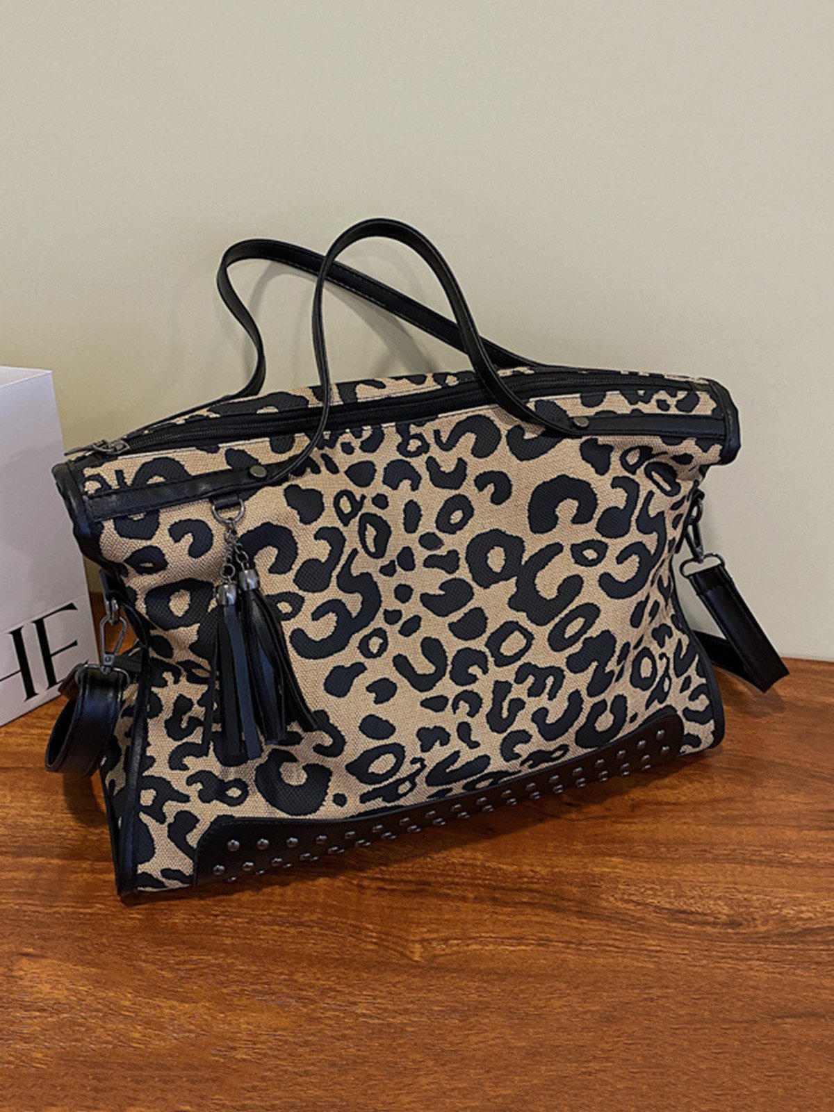 West Style Leopard Rivet Large Capacity Canvas Tote Bag