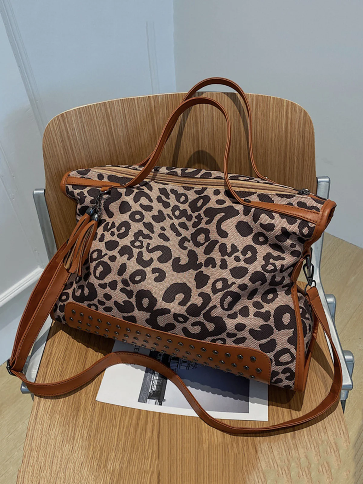 West Style Leopard Rivet Large Capacity Canvas Tote Bag