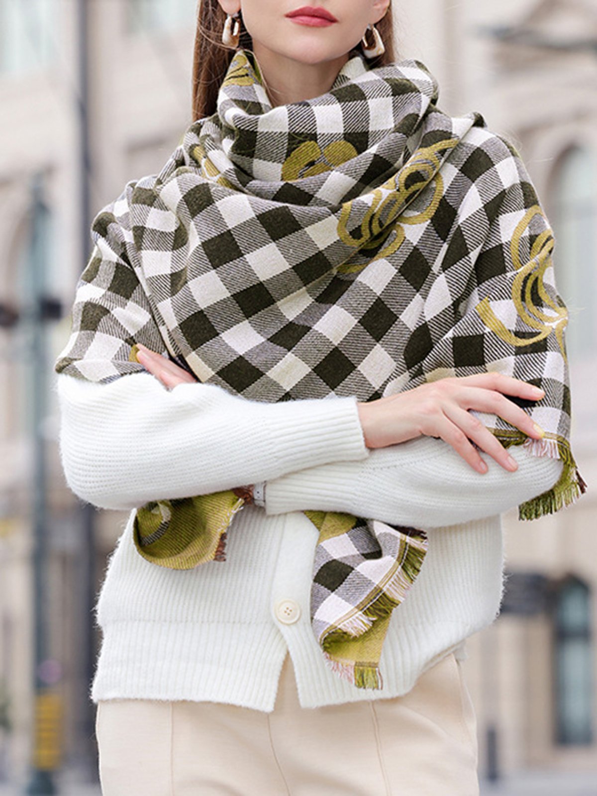 Elegant Floral Plaid Fringe Imitation Cashmere Scarf