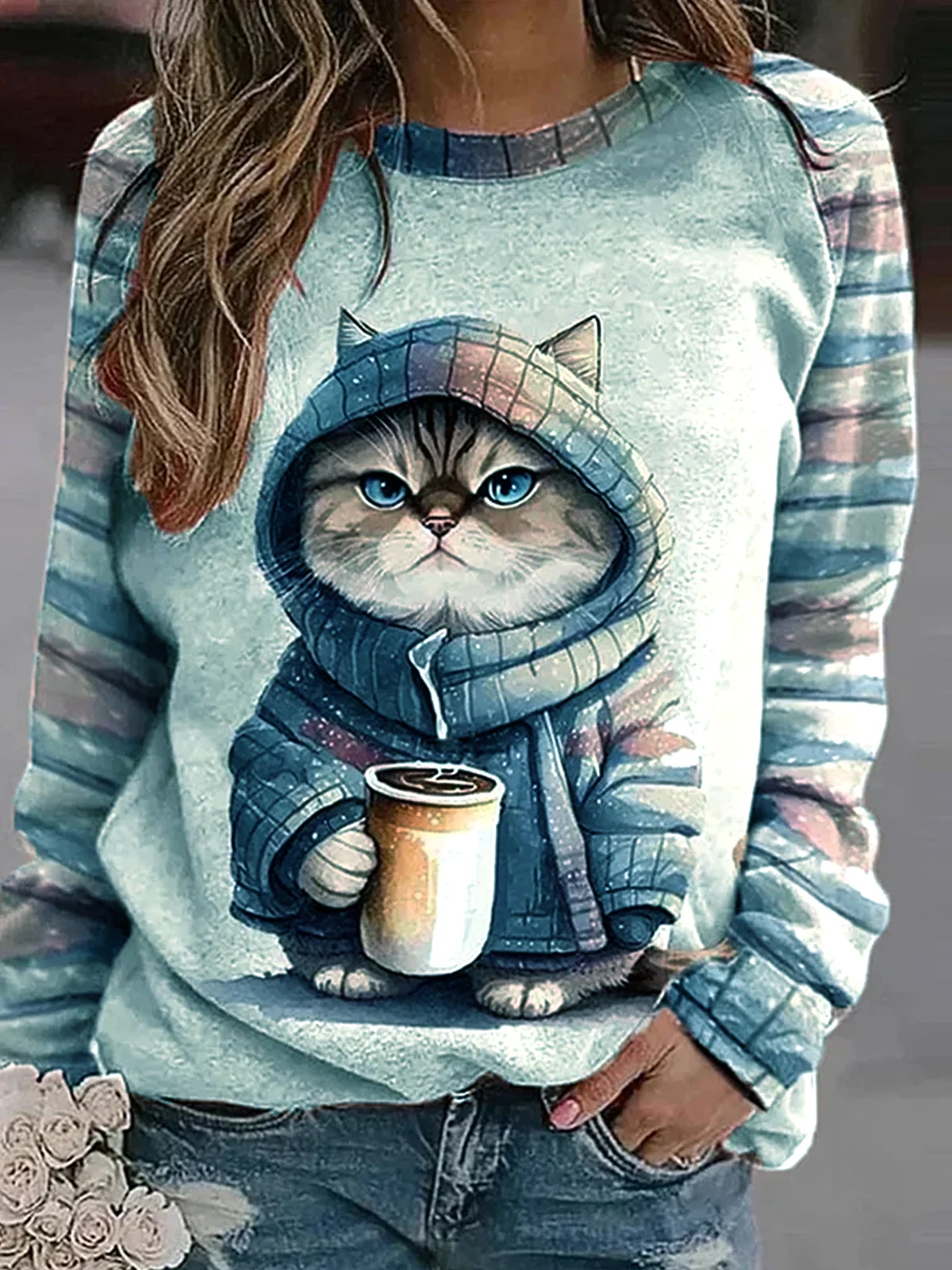 Cat Print Daily Casual Loose Crew Neck H-Line Striped Long Sleeve Sweatshirt