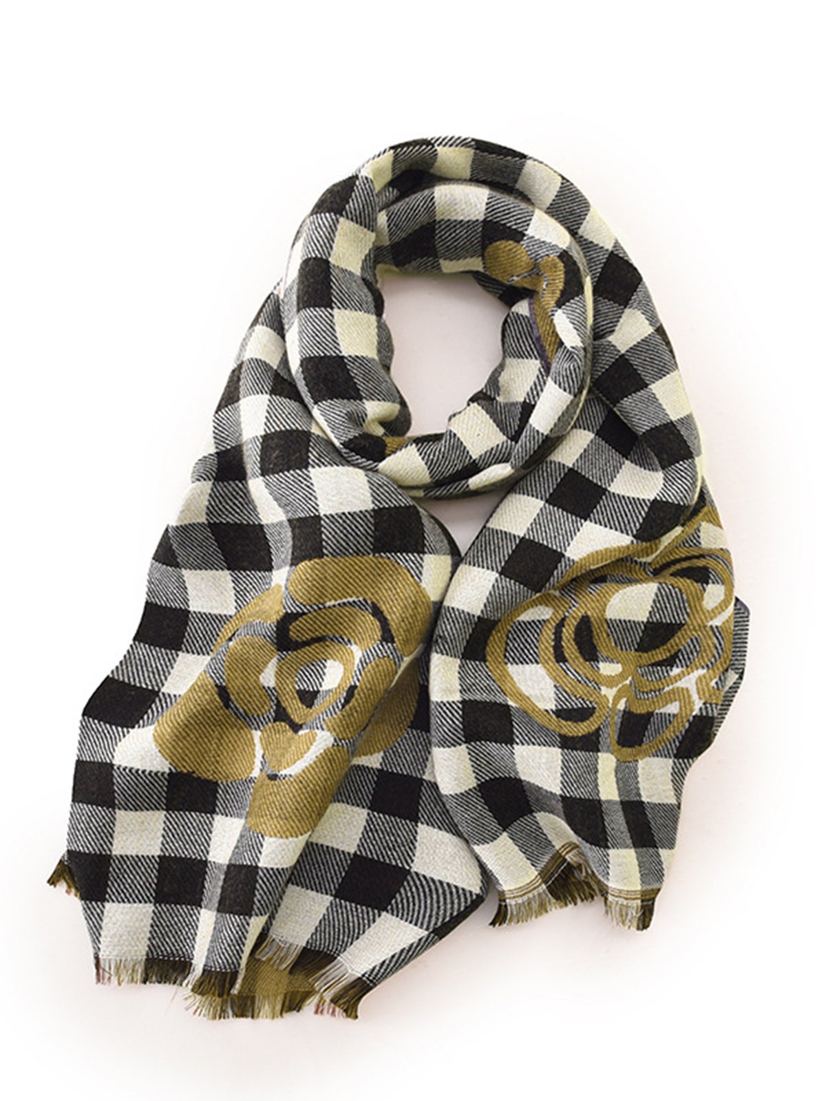 Elegant Floral Plaid Fringe Imitation Cashmere Scarf